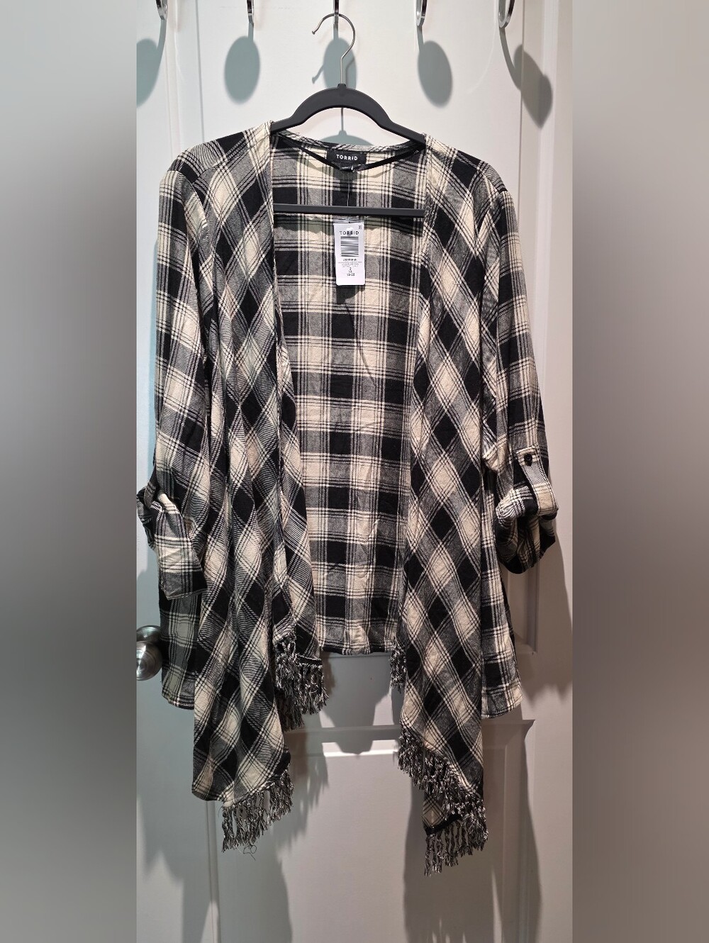 Torrid Black and Cream Plaid Fringe Open Light Weight Cardigan